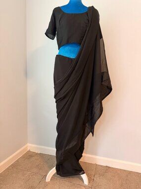 Black Saree Set Chiffon Drape Cotton Blouse Petticoat Mirraw New